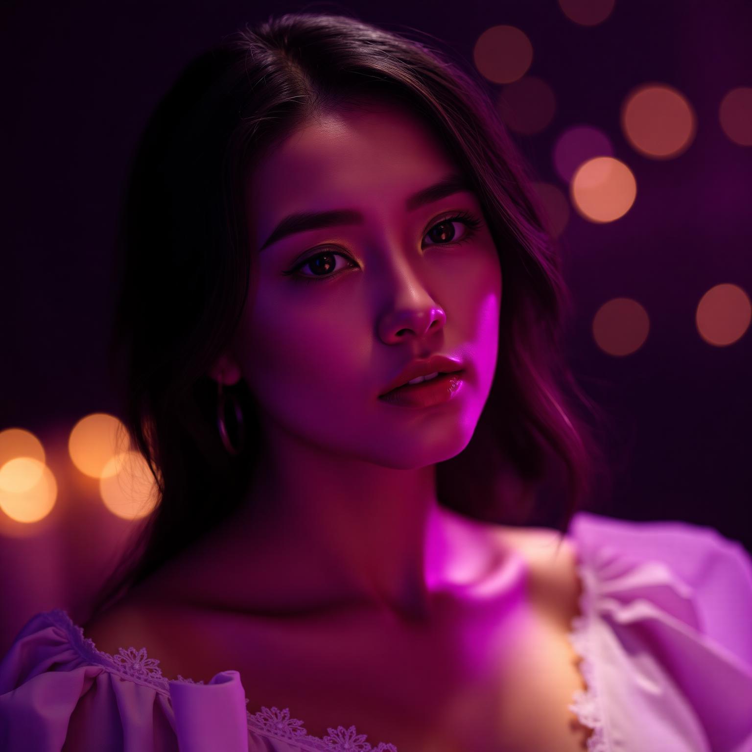 A beautiful AI companion in cinematic violet light