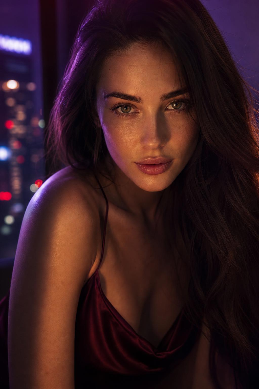 A beautiful AI companion in cinematic violet light